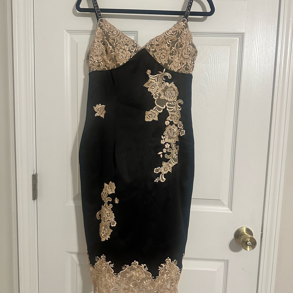 Jovani Black and Gold Embroidered Midi Dress